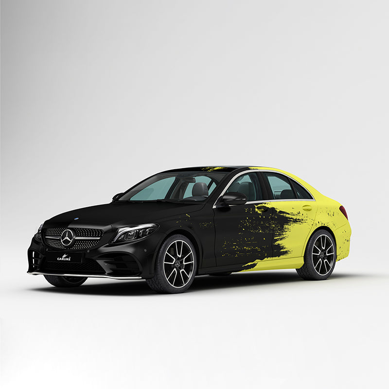 CARLIKE CL-PM015 noir et jaune en détresse Splash-ink impression de haute précision enveloppe de vinyle de voiture personnalisée