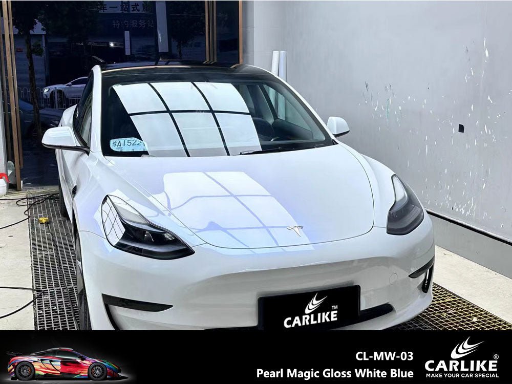 CARLIKE CL-MW-03P Pearl Magic Gloss White Blue Vinyl PET Liner - CARLIKE WRAP