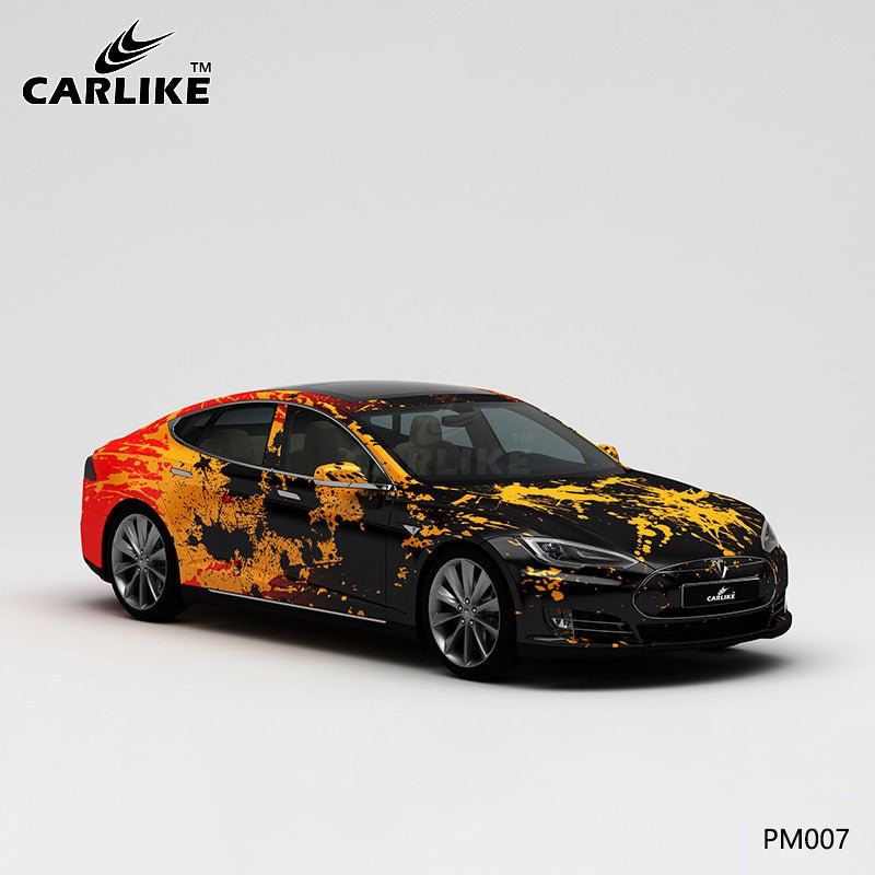 CARLIKE CL-PM007 black yellow orange color splash-ink high-precision printing customized car vinyl wrap for tesla - CARLIKE WRAP