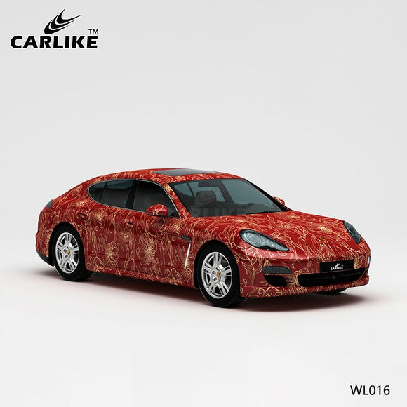 CARLIKE CL-WL016 pattern red gold flower high-precision printing customized car vinyl wrap for porsche - CARLIKE WRAP