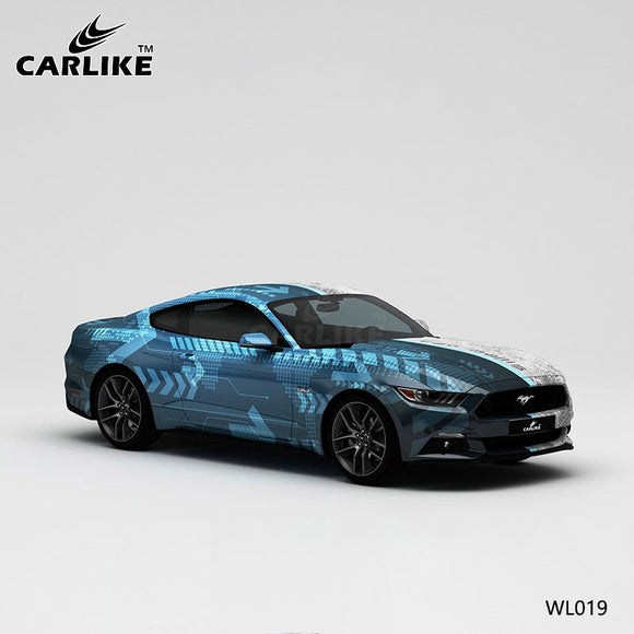 CARLIKE CL-WL019 pattern blue and gray circuit high-precision printing customized car vinyl wrap for mustang - CARLIKE WRAP