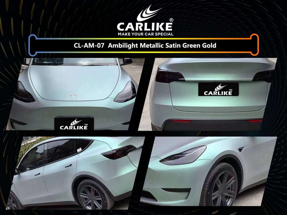 CL-AM-07 AMBILIGHT METALLIC SATIN GREEN GOLD VINYL FOR TESLA - CARLIKE WRAP