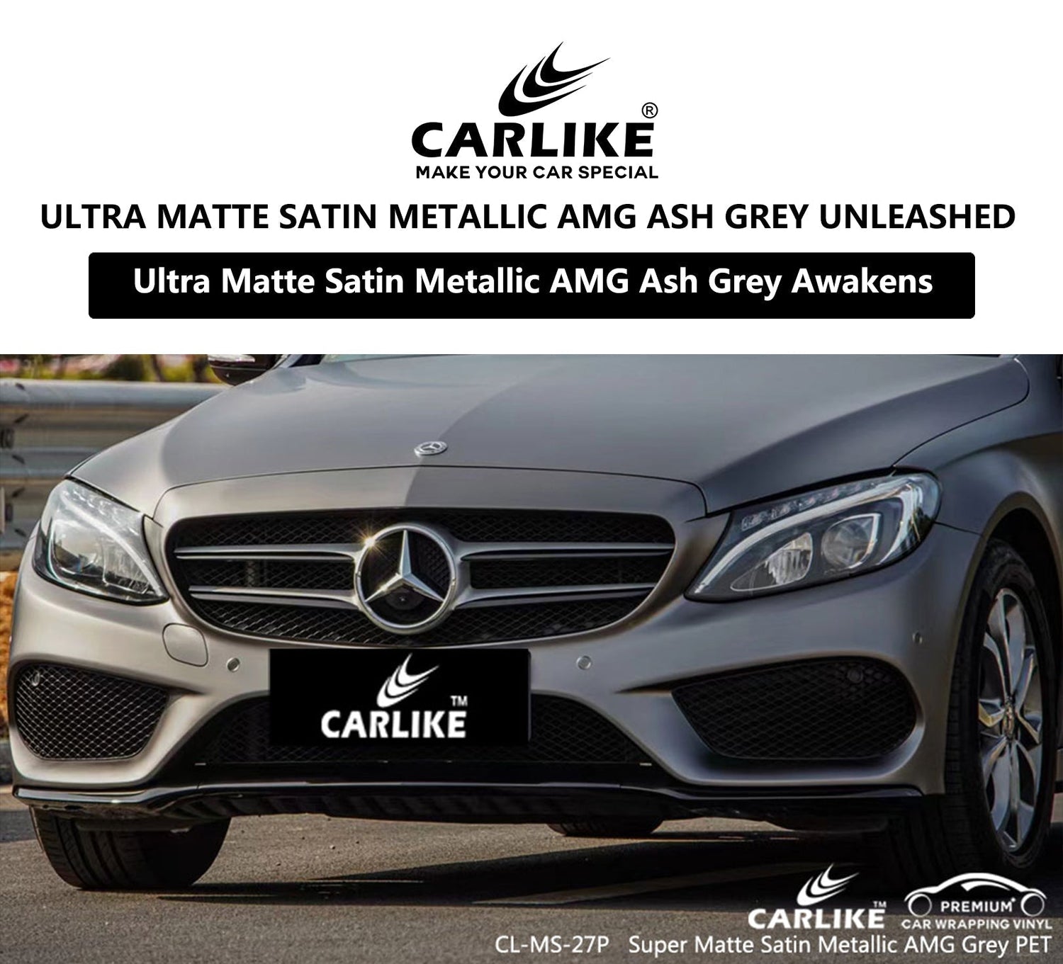 CL-US-02P Ultra Matte Satin Metallic Amg Ash Grey Vinyl Pet Liner Film Supplier - CARLIKE WRAP