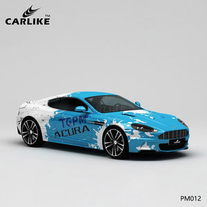CARLIKE CL-PM012 Envoltura de vinilo para automóvil personalizada con impresión de alta precisión con tinta salpicada azul y blanca