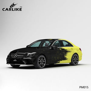 CARLIKE CL-PM015 Envoltura de vinilo para automóvil personalizada con impresión de alta precisión con tinta desgastada en negro y amarillo